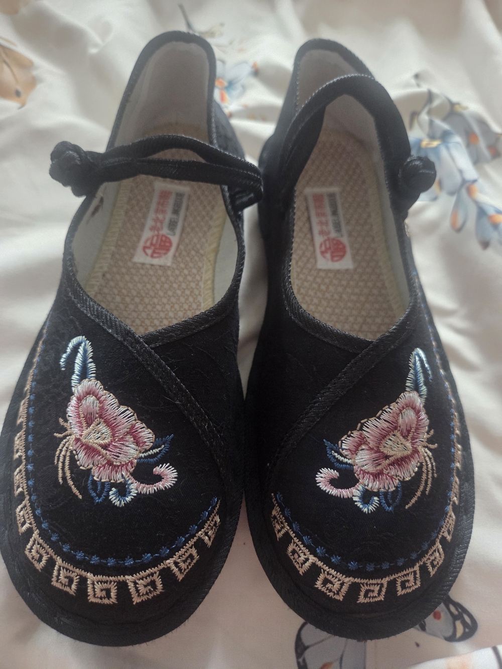 Asian Inspired Black Embroidered Mary Jane Flats with Pink Floral Motif